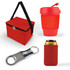 A red cooler bag, a red drink cup with a lid, a silver bottle opener, and a red can cooler.