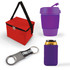 A red cooler bag, a purple reusable cup, a silver bottle opener, and a purple can cooler.