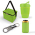 A green cooler bag, a green drink container, a can cooler, and a bottle opener with a keyring feature.