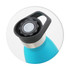 A drink bottle in turquoise with a stainless steel base and a black push-button lid. Features a handle and branding.