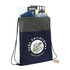 A navy and grey drawstring bag filled with various items including travel books and a notebook. It features a logo.