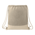 A beige drawstring bag made from recycled cotton, featuring a contrasting cream section and natural-coloured drawstrings.