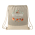 A natural grey and beige drawstring bag made from recycled cotton, featuring a logo and various nut graphics.