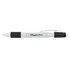 A plastic pen with a white body and black accents, featuring a clear section for customizable messages.