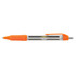 An orange plastic pen with a transparent barrel, featuring a grip and a clip, and includes a logo.