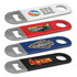 A drink bottle opener collection featuring four designs in white, red, blue, and black, with logos on each.