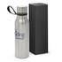 A drink bottle made of stainless steel, featuring a black lid and a logo, beside a black box.