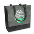 A large grey tote bag with black handles featuring a playful coffee-themed design and a logo.