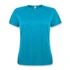 A turquoise women's T-shirt with short sleeves and a crew neckline, featuring a logo.