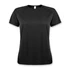 A black sporty women's T-shirt with short sleeves and a round neckline. It has a simple design and features a logo.