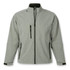 A softshell jacket in grey, featuring zippered pockets and a collar, with a contrasting dark green interior.