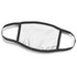 A reusable face mask in white with black elastics, featuring a logo on one side.
