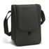 A black insulated picnic bag with a front zip closure and an adjustable shoulder strap. It has a simple design and a logo.