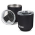 A drink bottle featuring a black exterior and clear lid, with a stainless steel interior. Includes a logo.