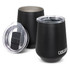 A drink bottle set featuring two black vacuum tumblers with clear lids and a branding logo.