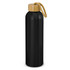 A drink bottle in matte black with a bamboo lid and a handle made of rope. It features a logo on the side.