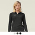 A long sleeve polo shirt in black, worn by a woman, featuring a logo on the left side.