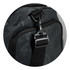 A dark green duffle bag with a black strap and clip detail, featuring a textured surface and logo.