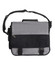 A grey and black satchel with a shoulder strap and a handle, featuring a zipper and buckle closures.
