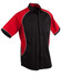 Men's tri-colour contrast button-up shirt in black with red sleeves and white accents. Features a logo on the chest.