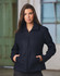 A wool blend corporate jacket in navy, featuring a zip front and side pockets, worn by a model. The jacket has a logo.