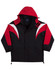 A tri-colour jacket with a hood, featuring black, red, and white panels, and a logo on the chest.