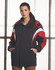 A tri-colour jacket with hood in navy, red, and white, featuring a logo and side pockets.