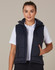 A padded vest in navy blue, featuring a high collar and pockets, worn over a white polo shirt.
