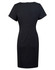 A short-sleeve, black dress with a fitted silhouette and a back zipper, featuring a sleek design.