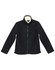 A black polar fleece jacket with a high collar and zip closure, featuring a logo on the inner side.