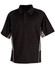 A black polo shirt with short sleeves, featuring a collar and contrasting side panels, includes a logo.