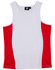 A white and red contrast mesh singlet featuring a logo, perfect for kids.