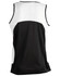 A black and white men's sprint singlet featuring a mesh back and a logo.