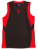 A black and red kid's basketball singlet featuring a V-neck and a logo on the tag.