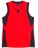A red and black kids' basketball singlet with a sleeveless design and a branded label on the neckline.