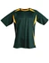 A kid's soccer jersey in green with yellow accents, featuring a logo. Short-sleeved and made from breathable material.