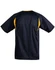 A kid's soccer jersey in navy blue with yellow accents, featuring a logo on the back.