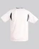 A kid's soccer jersey in white with black accents, featuring a branded logo. Ideal for sports uniforms.