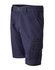 Lightweight semi-fitted work shorts in navy blue with cargo pockets and contrasting stitching. Features a logo.