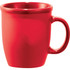 A red ceramic mug with a smooth finish and a comfortable handle, designed for beverages.