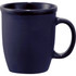 A ceramic coffee mug in dark navy blue with a smooth finish and a rounded handle. Features a logo.