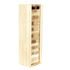A wooden Tumbling Tower stacking game with various light and dark timber blocks neatly arranged in a rectangular storage box.