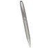 A metallic silver ballpoint pen with a sleek design and a small logo on the barrel.