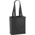 A black non-woven tote bag with long handles and a rectangular shape. It features a simple design and has a logo.