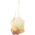A cream-coloured cotton mesh market bag filled with assorted fruits, with two sturdy shoulder straps.