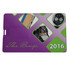 A purple promotional product with a sleek design, featuring a logo and images of various items like a backpack and notebook.