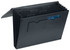 A4 expandable file portfolio in black, featuring multiple pockets and a front card slot. Includes a logo on the side.