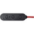 A black control unit with three buttons and a red cable, designed for Bluetooth earbuds.