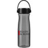 A drink bottle in transparent grey with a black lid and handle, featuring a logo on the side.