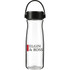 A drink bottle in clear plastic with a black lid and carrying handle, featuring a logo.